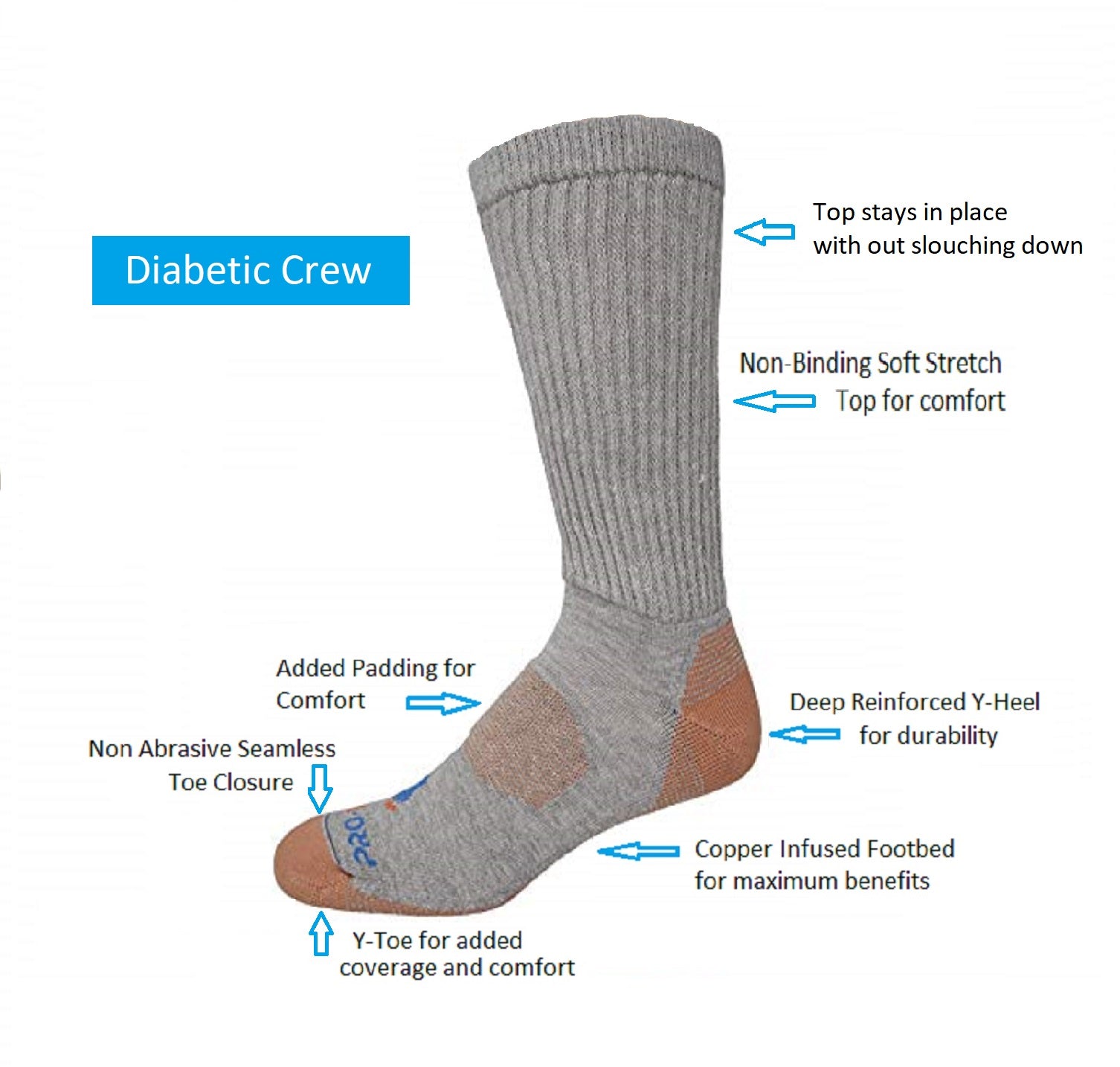 grey heather crew cut copper diabetic socks with accents