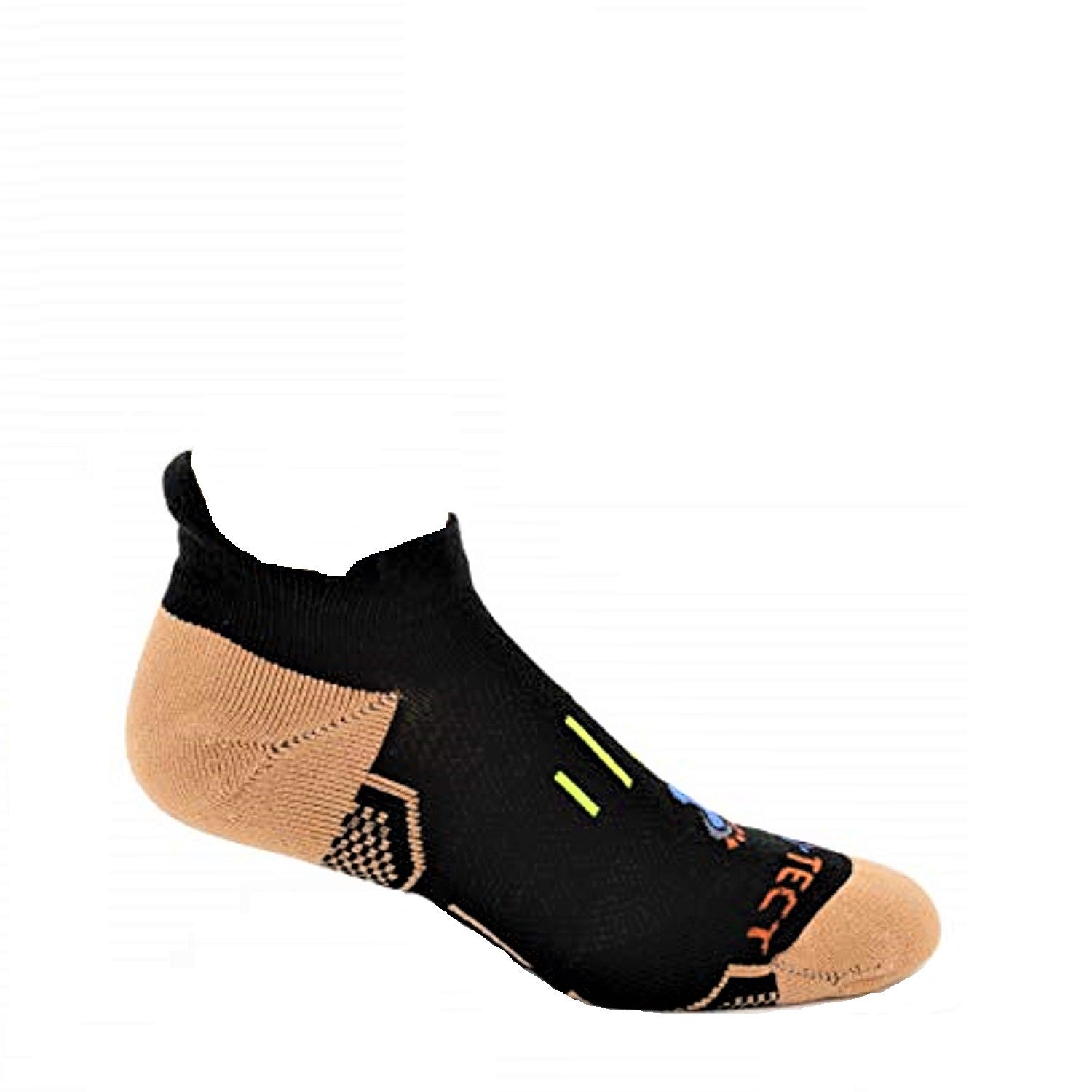 black no show copper athletic socks with accents