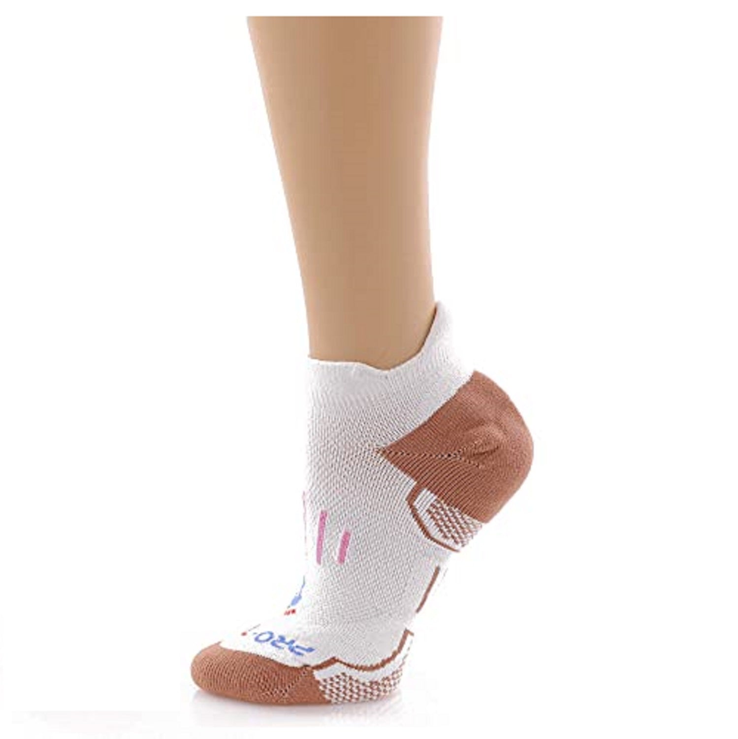 white no show copper athletic socks with pink accents