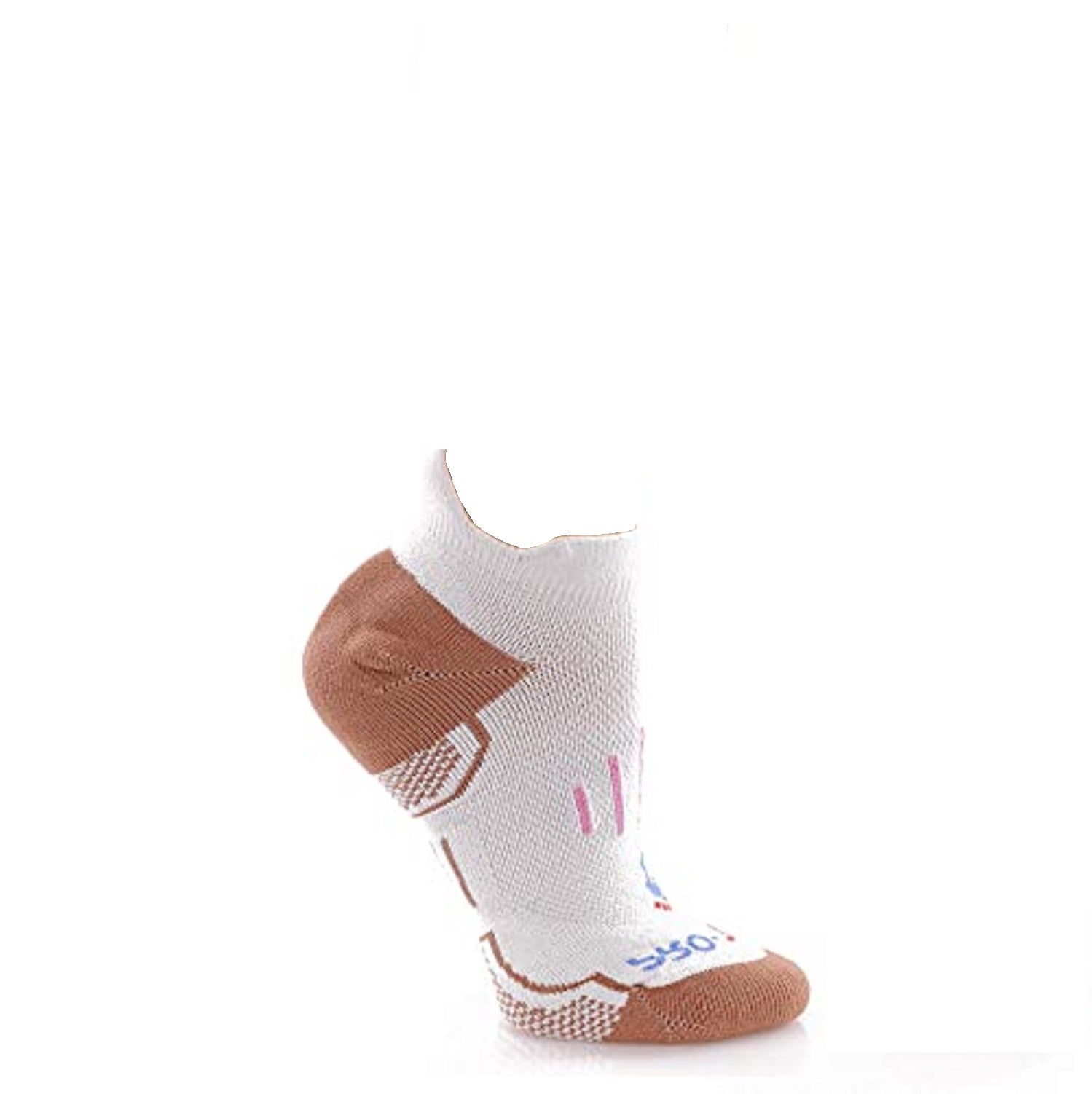 white no show copper athletic socks with pink accents